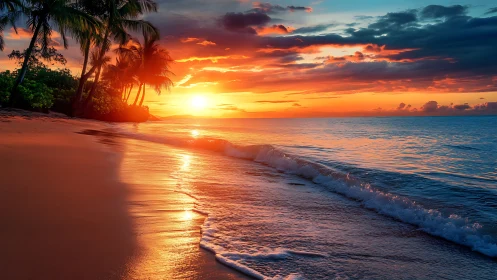 Radiant tropical shoreline under high-saturation sunset optics.