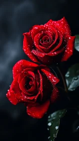 Crimson hybrid garden roses with dewdrop crystallization on dark backdrop