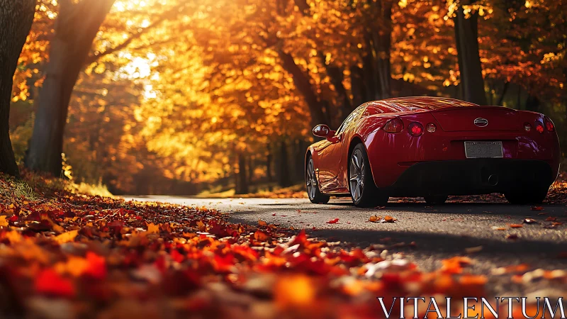 Red sports coupe on autumn forest road in golden backlight