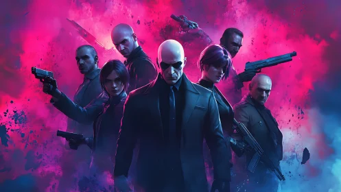 Elite contract assassins advance through neon smoke haze.