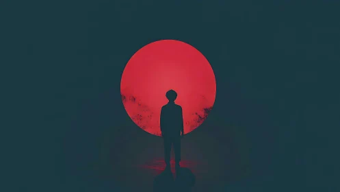 Silhouette before crimson solar disc in minimalist digital art.