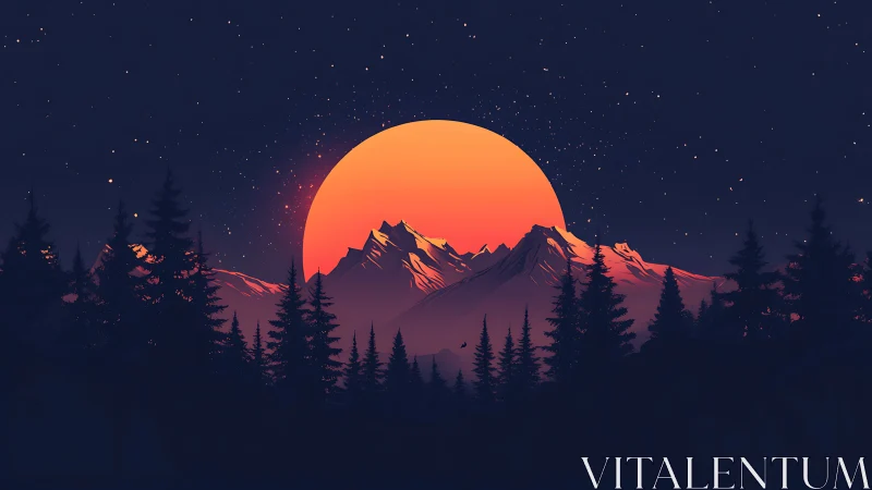 Silhouetted conifer forest before stylized sunlit mountains.