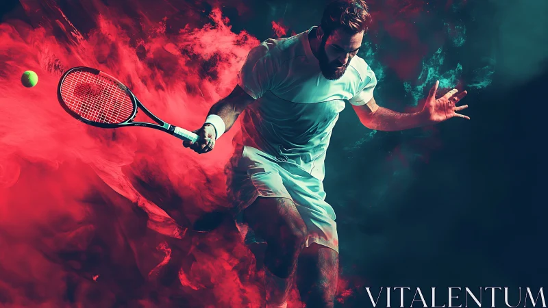 Male tennis player in dynamic motion with colored smoke.