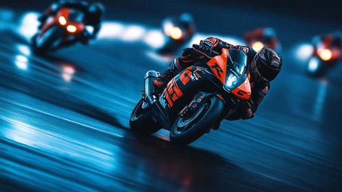 Neon-lit superbike racers carve wet track with dynamic motion blur