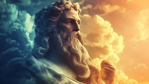 Marble sky deity sculpture under dual storm and sunset light.