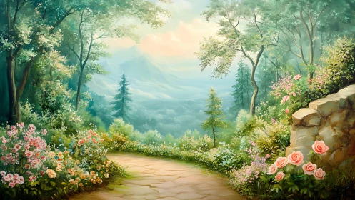 Pastel woodland path with floral borders in digital painting.