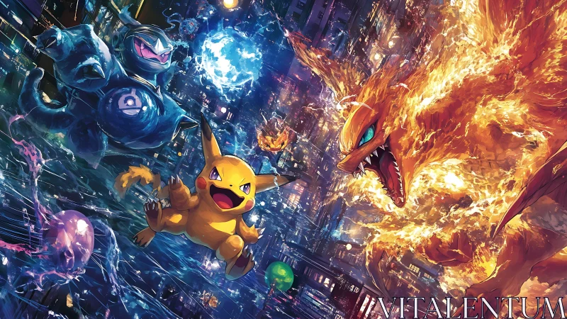 Electric sparks and blazing wings ignite a neon city clash.