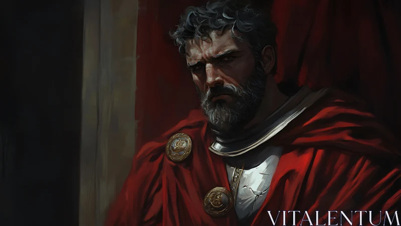 Brooding Roman commander wrapped in crimson regalia stands.