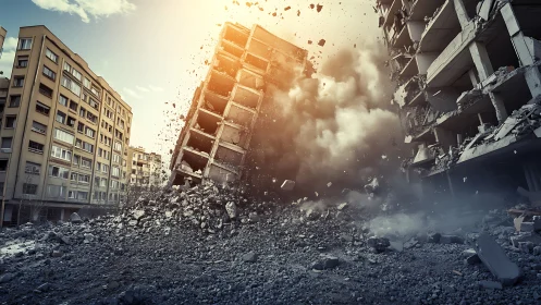 Urban tower crumples into light and dust-swept ruin.