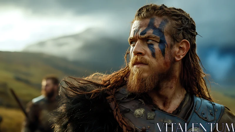 Cinematic Norse warrior portrait with tactical face paint.