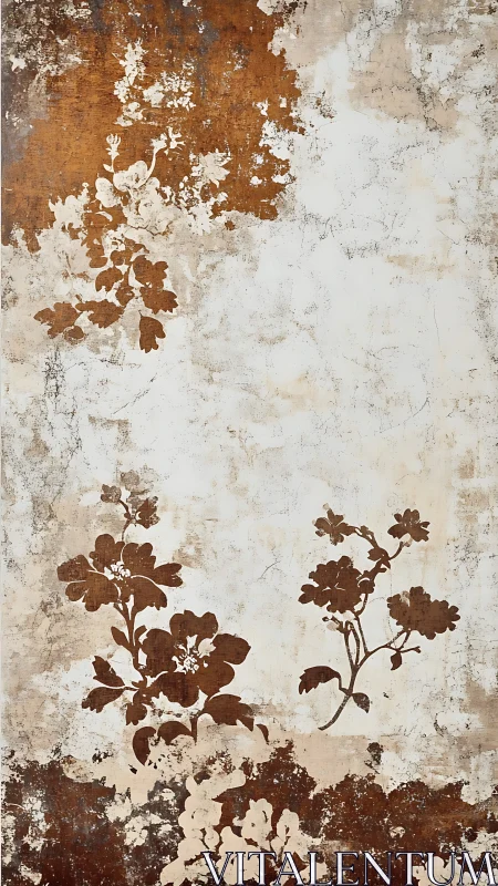 Distressed botanical panel with sepia floral silhouettes.