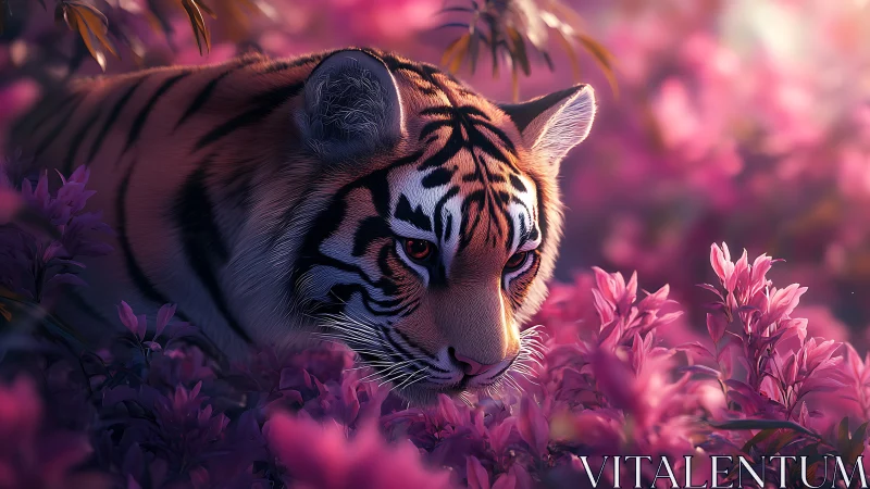 Tiger rendered in shallow-depth bokeh, sampling soft magenta foliage