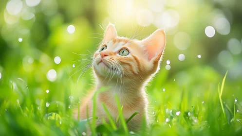 Golden kitten gazes upward among dewdrops in sunlit meadow