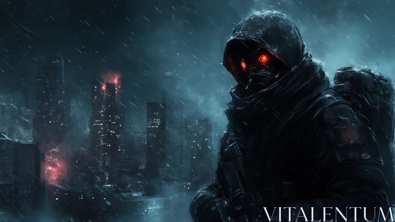 Hooded soldier with red visor stalks ruined neon city in rain