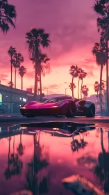 Neon dusk supercar lounges under candy pink palm skies