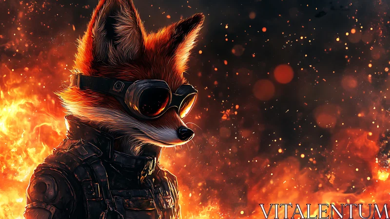 Armored fox with goggles stands against blazing inferno