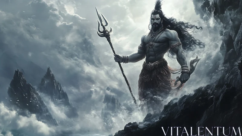 Mythic warrior god towers over storm-lashed mountain pass