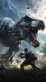 Adventurer facing roaring T. rex in misty jungle showdown.