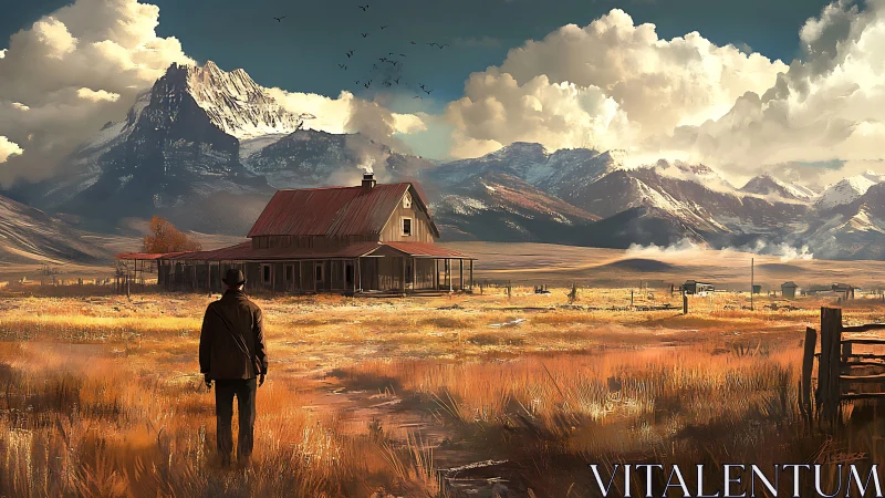 Lone wanderer approaches rustic homestead under towering peaks