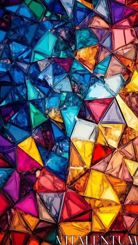 Colorful geometric stained glass pattern with vivid shards.
