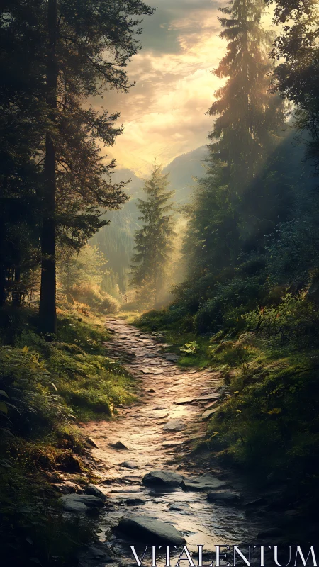 Forest stream with directional light through coniferous vegetation.