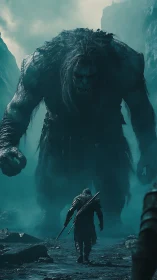 Brave lone warrior strides toward looming mountain giant calmly