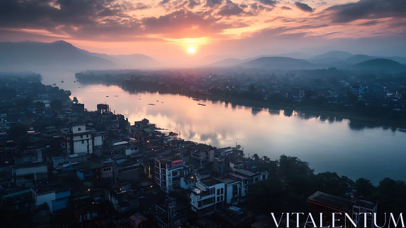 Sunrise over riverside city blocks and layered distant hills