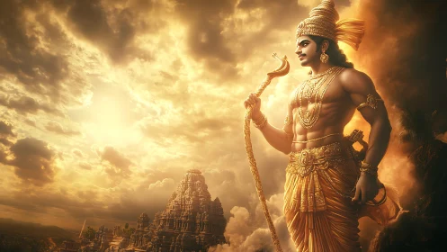 Golden warrior deity stands guard above ancient temple city.