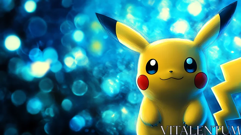 Pikachu character rendered against bright blue bokeh lights