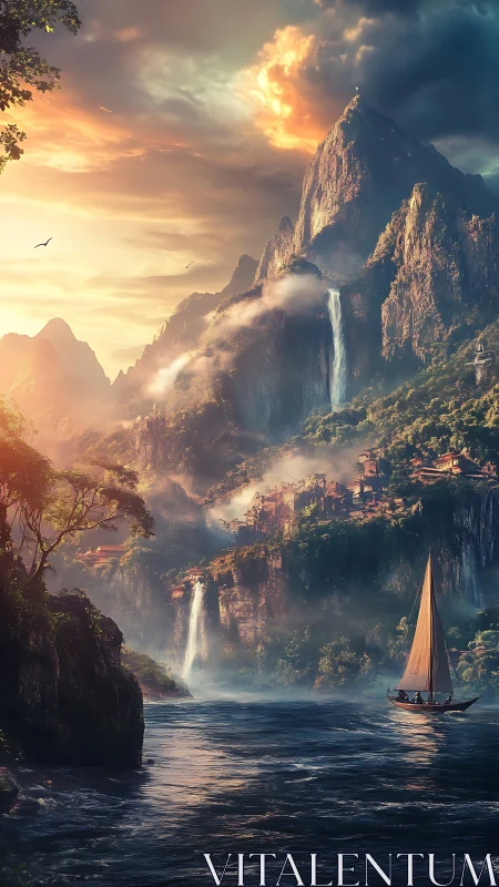 Sailboat nears misty cliff city beneath glowing sunset sky.