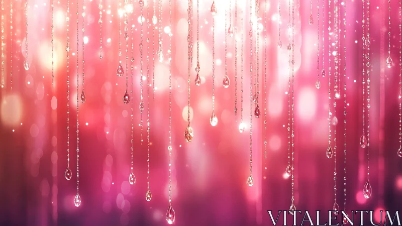 Hanging crystal droplets against soft pink bokeh field.
