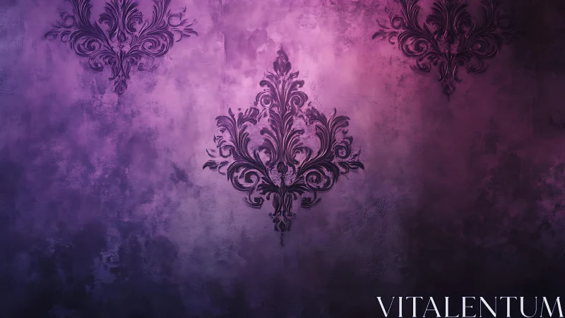 Ornate Damask Pattern on Grunge Purple Background, Vintage Style.