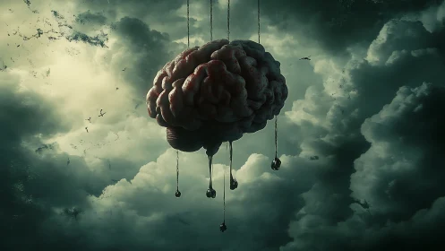 Suspended organic brain sculpture in turbulent storm clouds.
