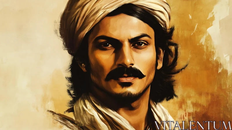 Strong portrait of man in turban with intense gaze.