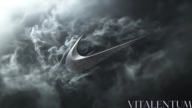 Metallic swoosh logo floats through swirling silver smoke.
