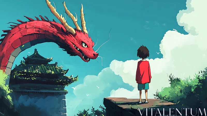 Red dragon and child stand opposite on elevated outdoor ledge