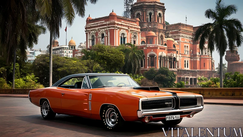 Vintage muscle car contrasts with ornate colonial palace architecture