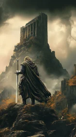 Armored warrior surveys ruined cliff fortress under storm clouds