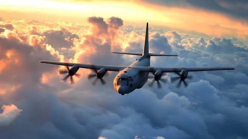 Military transport aircraft flies level above dense cloud layer