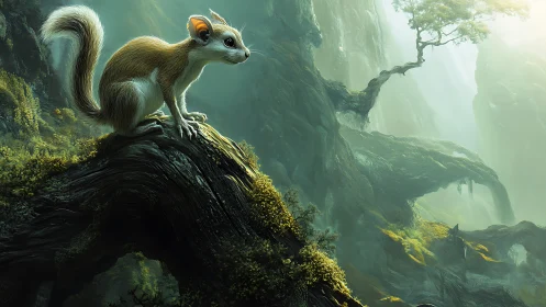 Curious forest creature gazes over misty, ancient valley.