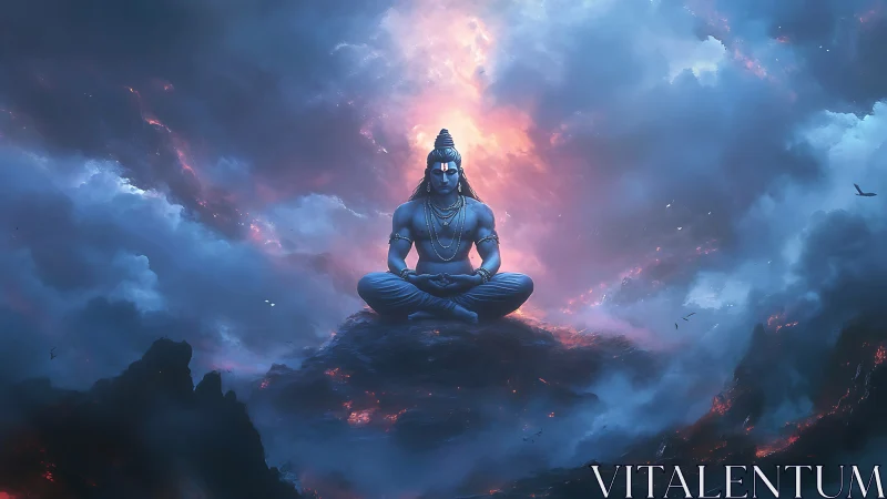 Storm-lit deity meditates above a glowing cosmic abyss