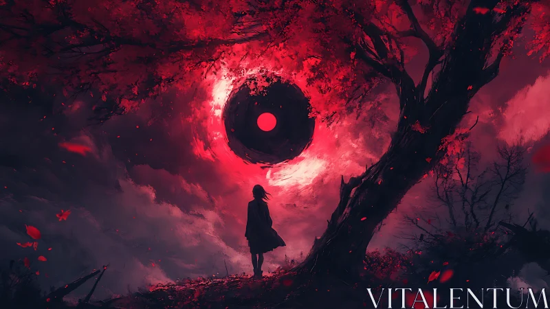 Girl beneath crimson eclipse portal in haunted forest