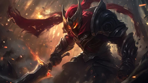 Blazing armored warrior strides through storm of sparks.