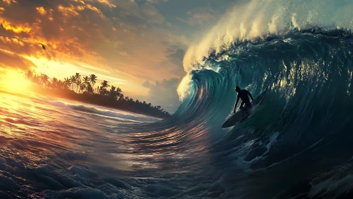 Sunset surfer riding a glowing tropical emerald wave.