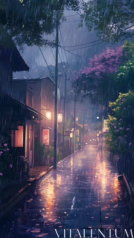 Rainy evening alley with reflections and soft lantern glow.