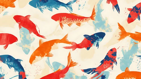 Multicolored koi fish pattern on light abstract background.
