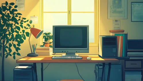 Digital painting of sunlit retro workstation with plants and files.