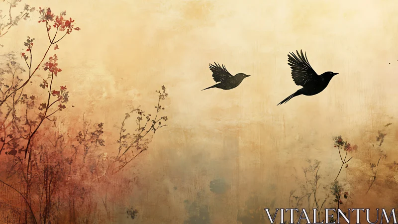 Two inky birds glide across a dusky, blossom-tinted sky