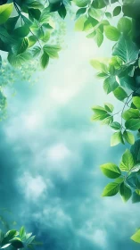 Sunlit green leaves framing a calm sky of soft blue.