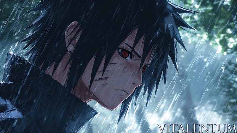 Brooding anime warrior stands alone in a cold pouring rain